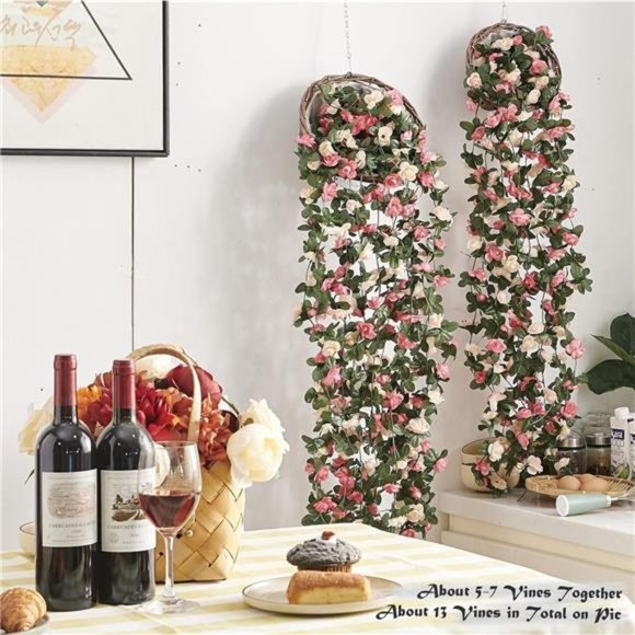 8 Pcs 66FT Flower Garland,Artificial Rose Vine Flowers with Green Leaves Hanging - Picture 3 of 6